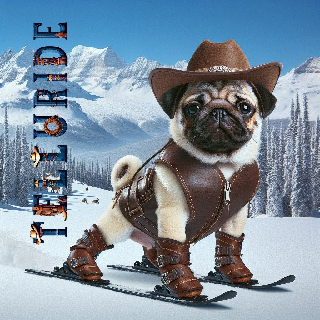 Denimaxx MAG 610 Telluride artwork: a Pug cowboy in a brown hat and leather vest skiing toward the camera with snowy peaks behind.