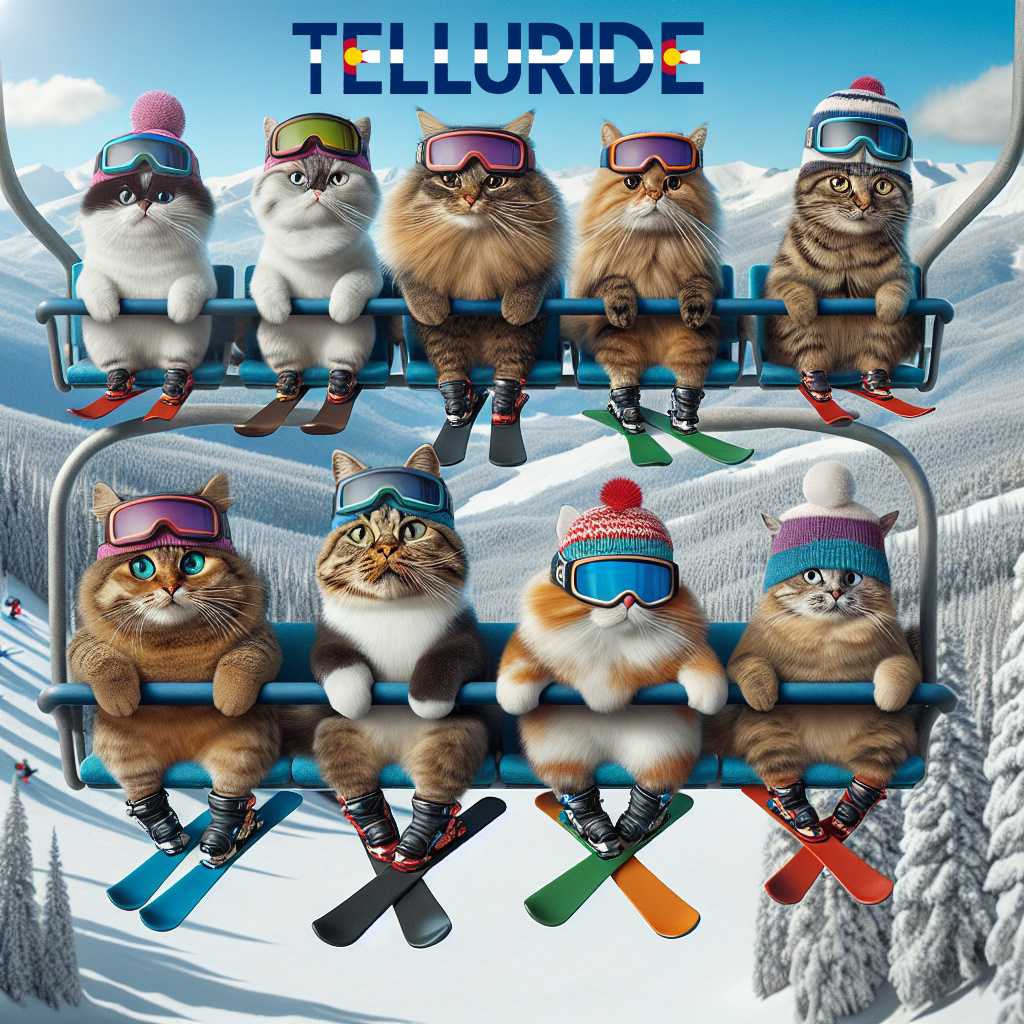 Denimaxx MAG 611 Telluride artwork: nine cats in ski goggles and knit hats riding a chairlift with colorful skis dangling.