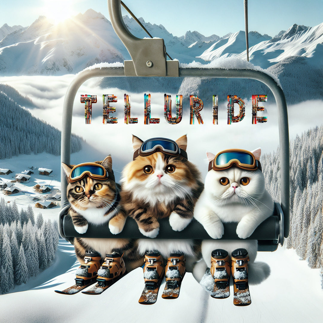 Denimaxx MAG 612 Telluride artwork: three cats in ski goggles and boots riding a chairlift beneath patterned TELLURIDE letters, alpine peaks behind.