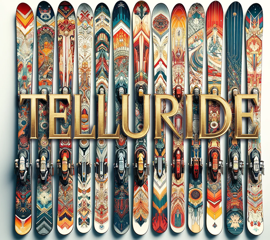 Denimaxx MAG 613 Telluride artwork: a row of colorful patterned skis standing upright with gold TELLURIDE lettering across the center.