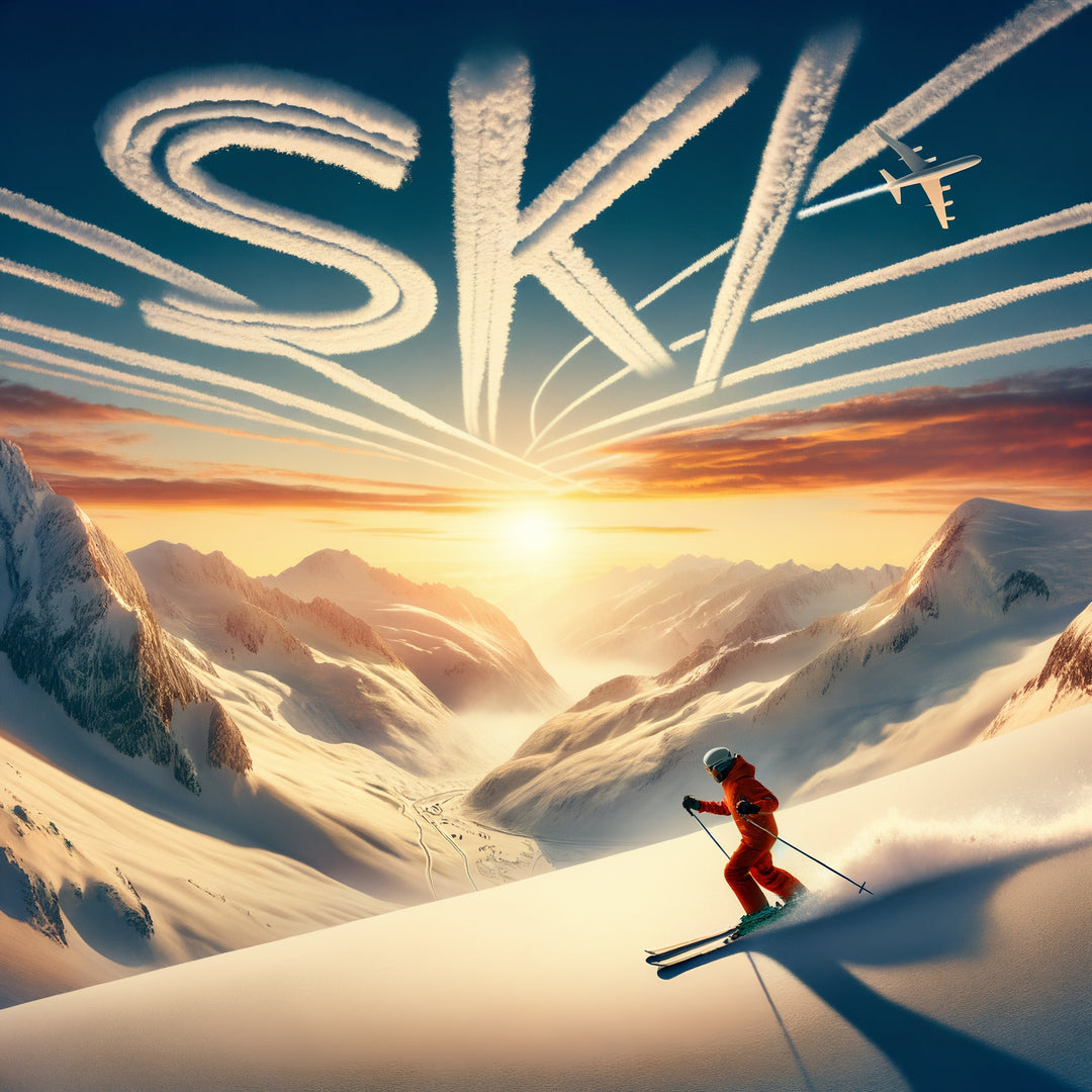 Denimaxx MAG 614 artwork: a skier in red carving down a snowy slope at sunset while a plane skywrites SKI in the clouds above.