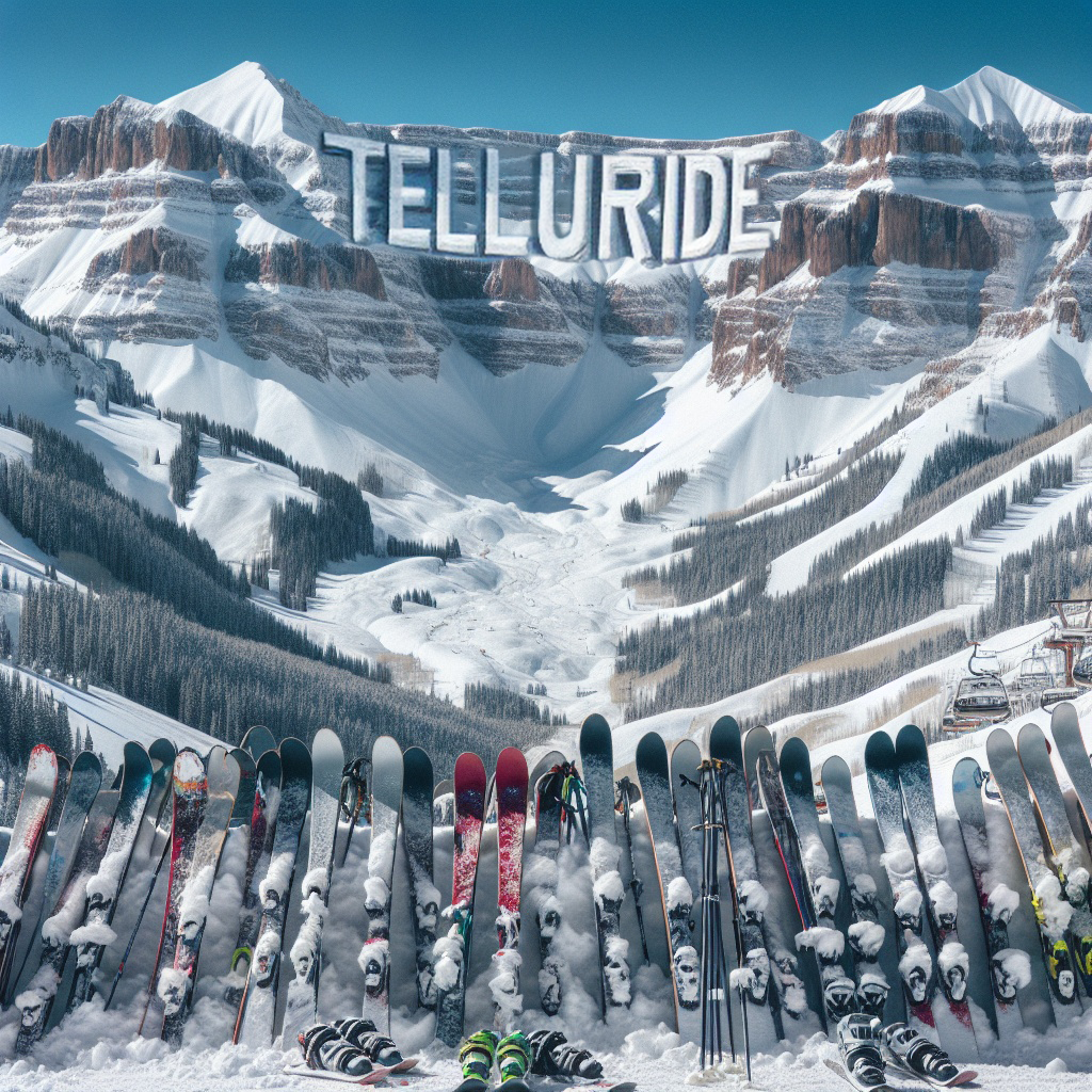 Denimaxx MAG 615 Telluride artwork: giant TELLURIDE letters on a snowy mountain peak with rows of skis and boots lined up in the foreground.