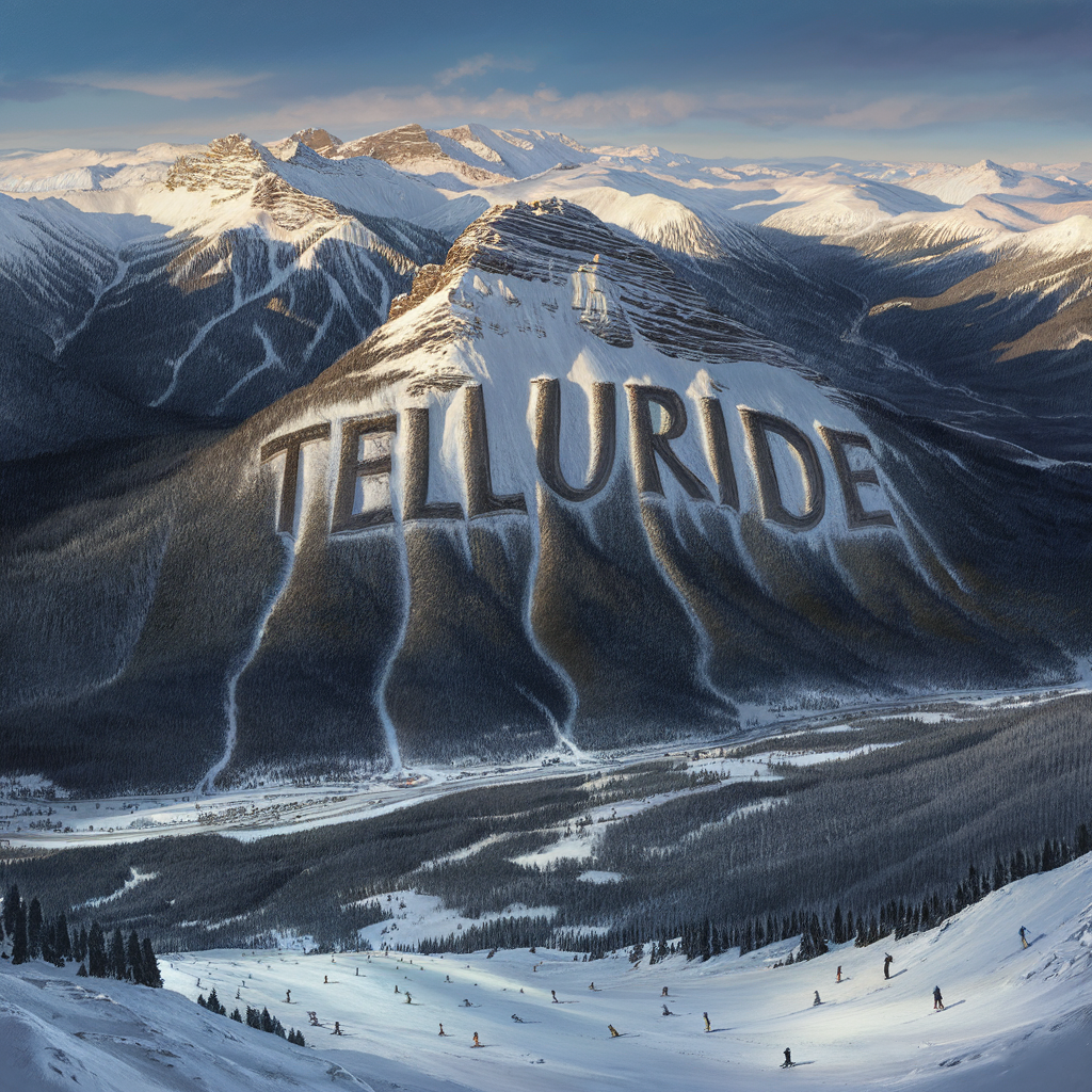 Denimaxx MAG 617 Telluride artwork: TELLURIDE carved into a snowy mountain face above a valley of tiny skiers and forested slopes.
