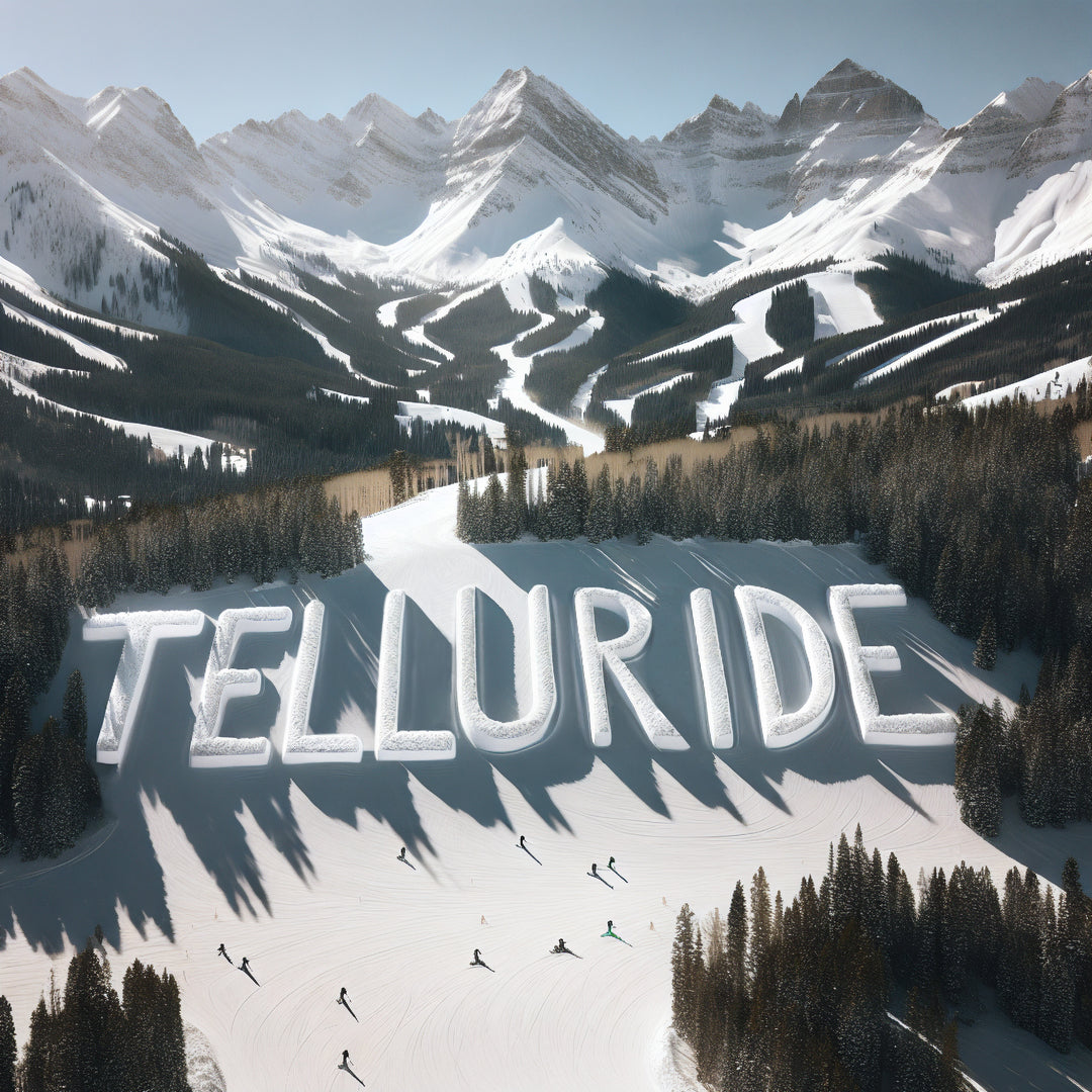 Denimaxx MAG 618 Telluride art print with the word spelled in snow letters over ski slopes, skiers, and jagged mountain peaks.