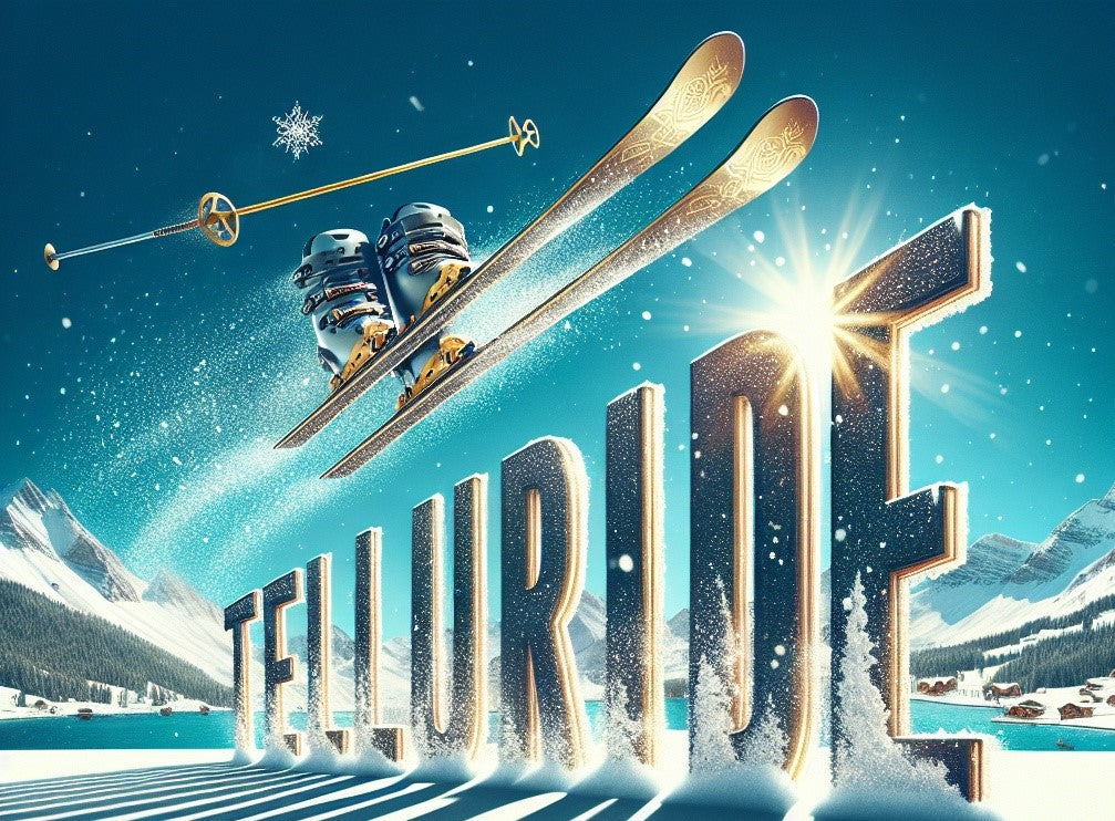 Denimaxx MAG 619 Telluride art print with giant metallic letters, a skier jumping overhead with skis, poles, and boots in the air.