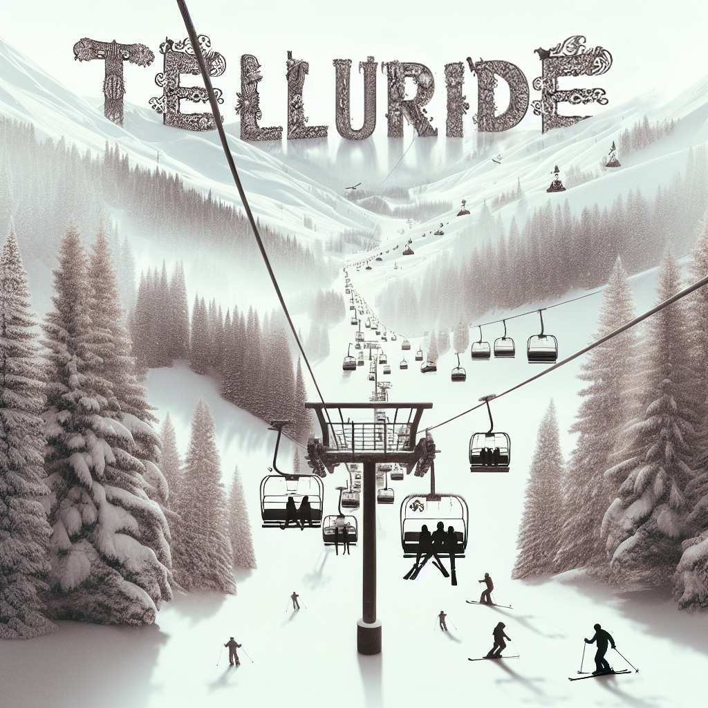 Denimaxx MAG 620 Telluride art print with ornate western lettering above a ski lift scene with gondolas and snow-covered pines.