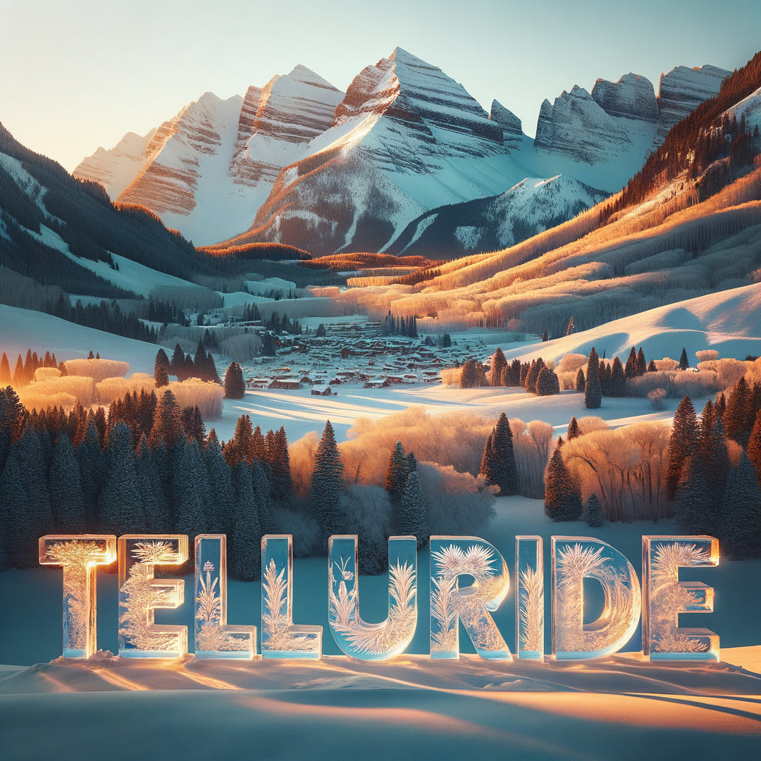 Denimaxx MAG 621 Telluride art print with icy glass letters etched with forests, glowing over a snowy valley town at sunset.