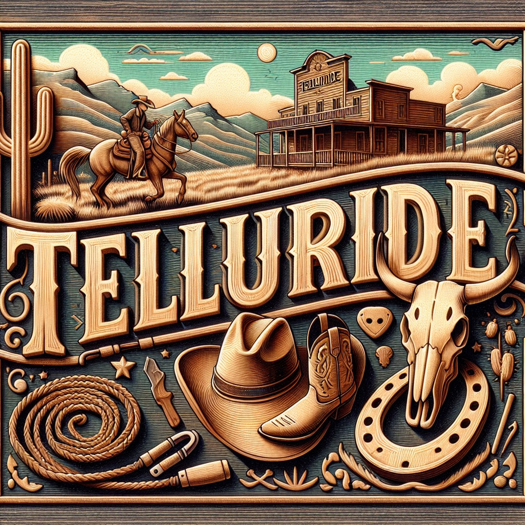 Denimaxx MAG 623 Telluride art print in western wood-carved letters with a cowboy on horseback, saloon, hat, boots, and longhorn skull.