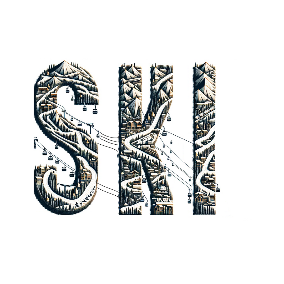 Denimaxx MAG 625 SKI art print with the letters filled by a hand-drawn ski resort scene of snowy peaks and chairlifts.