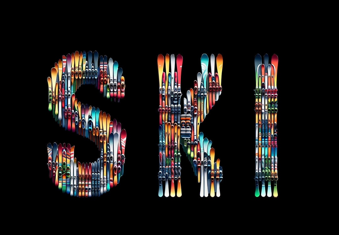 Denimaxx MAG 626 SKI art print spelling the word with rows of colorful skis arranged on a black background.