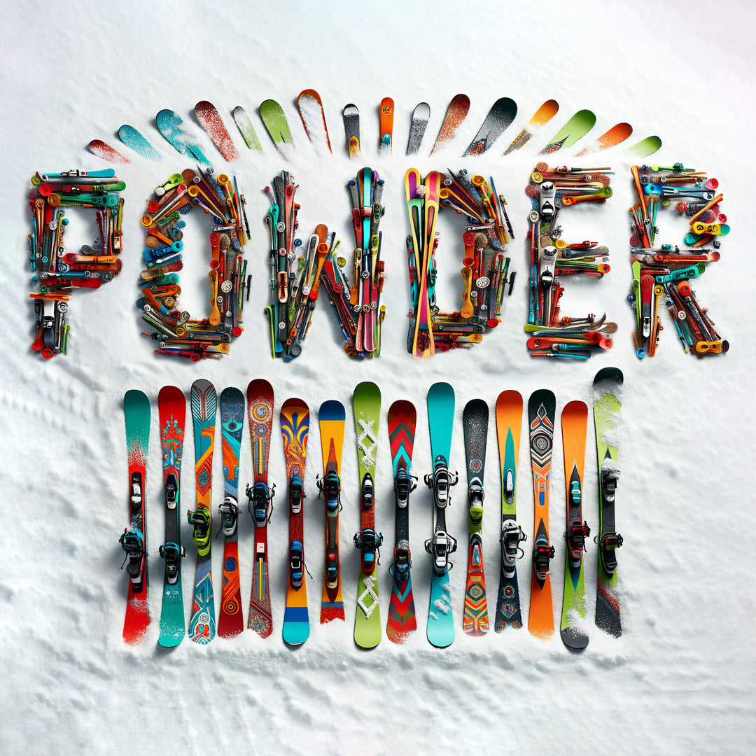 Denimaxx MAG 627 POWDER art print spelling the word with colorful skis arranged on snow, more skis lined up below.