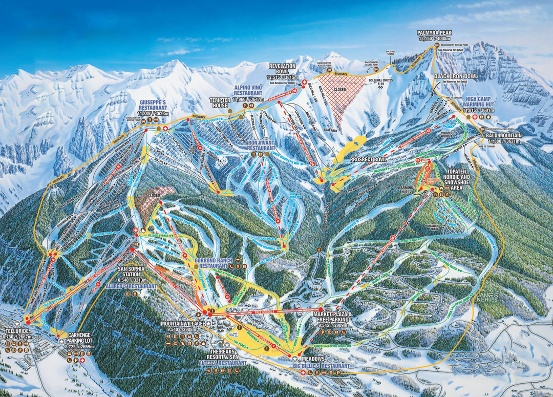 Denimaxx MAG 629 Telluride ski trail map print with an illustrated aerial view of ski lifts, runs, and mountain peaks.