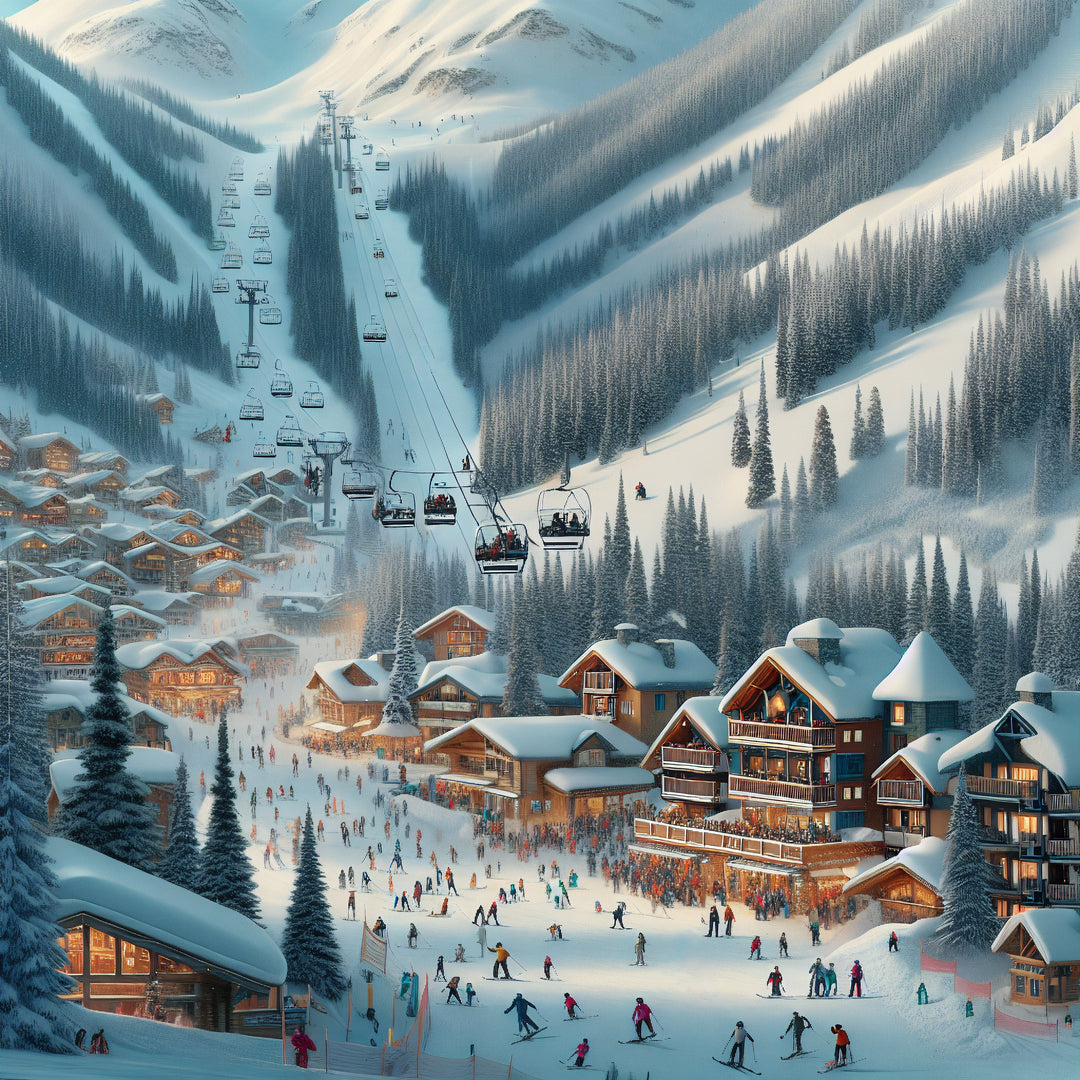 Denimaxx MAG 630 alpine ski village art print with glowing chalets, chairlifts, skiers, and snow-covered pine trees.