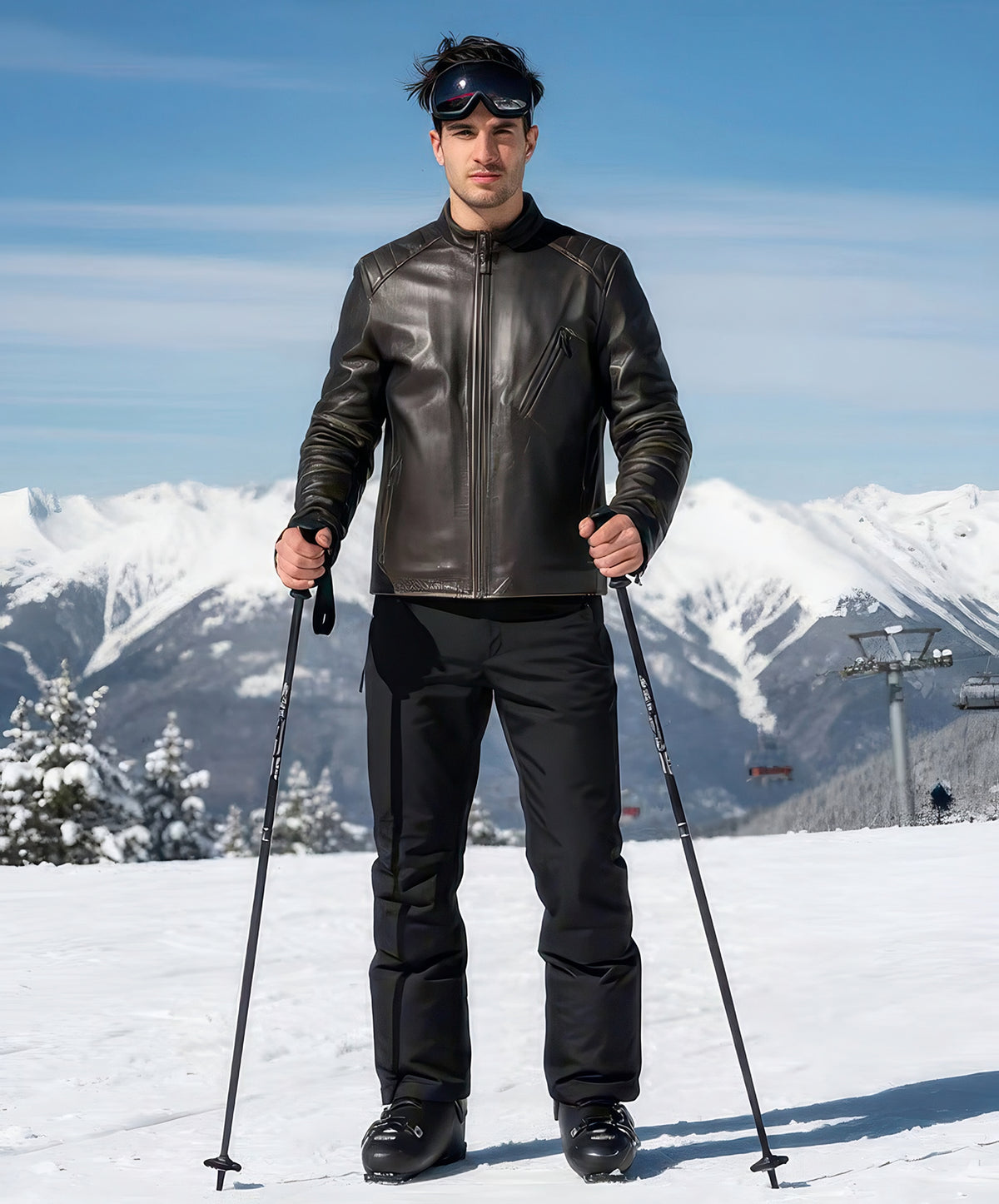 Man on a snowy slope with ski poles wearing the timeless cut leather jacket, goggles on his head, ski lifts behind.