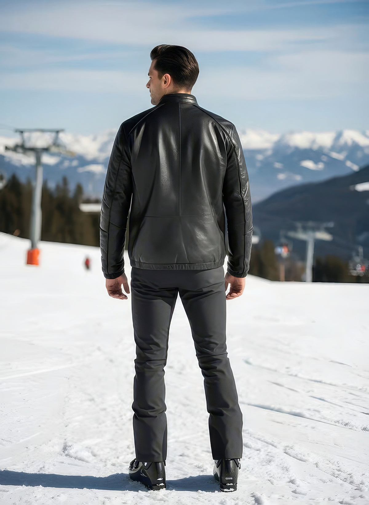 Back view of man in the timeless cut leather jacket standing on snow, ski resort and chairlifts in the background.