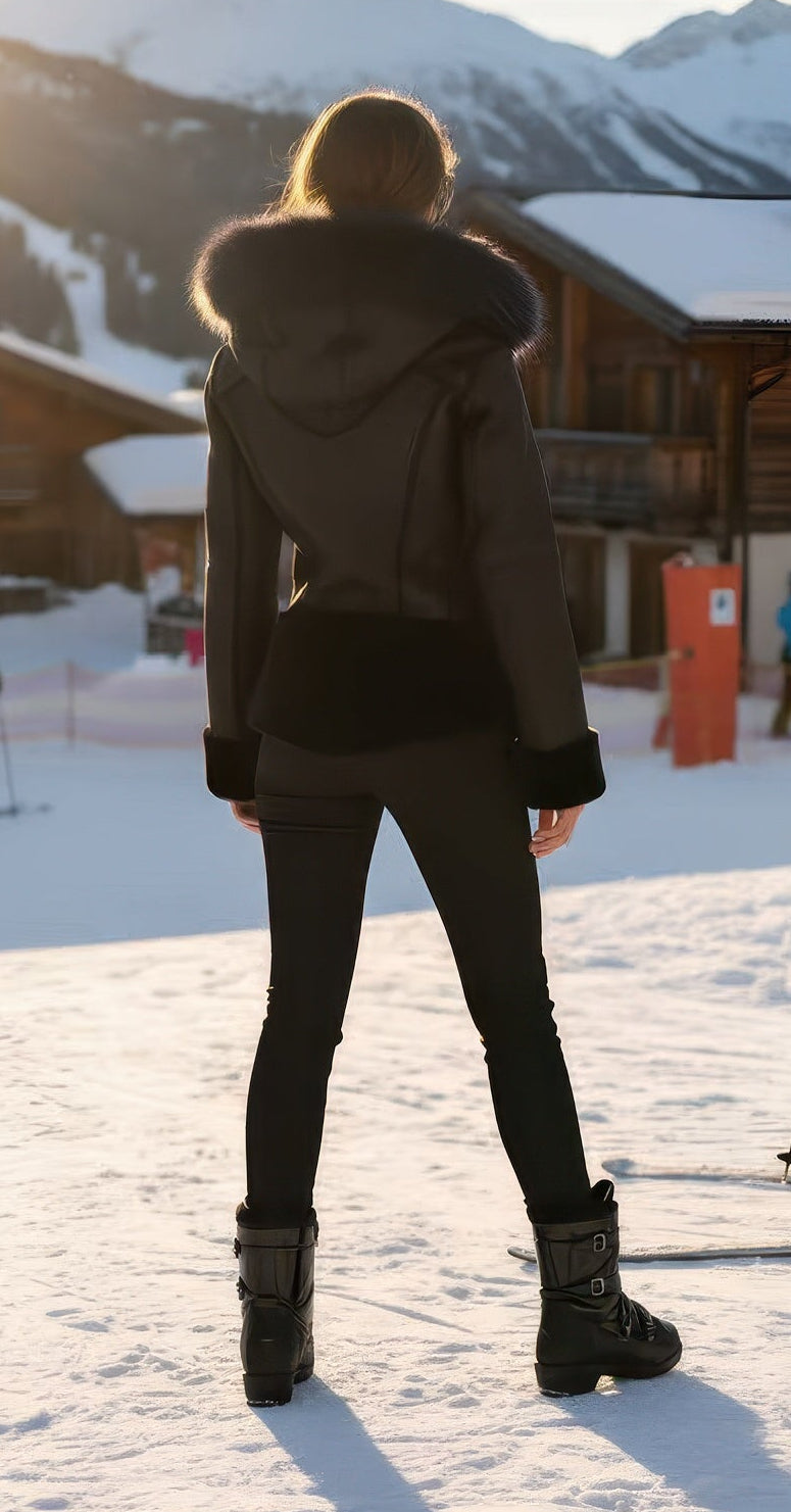 Denimaxx luxury women’s shearling coat with fox fur trim and tailored fit.

