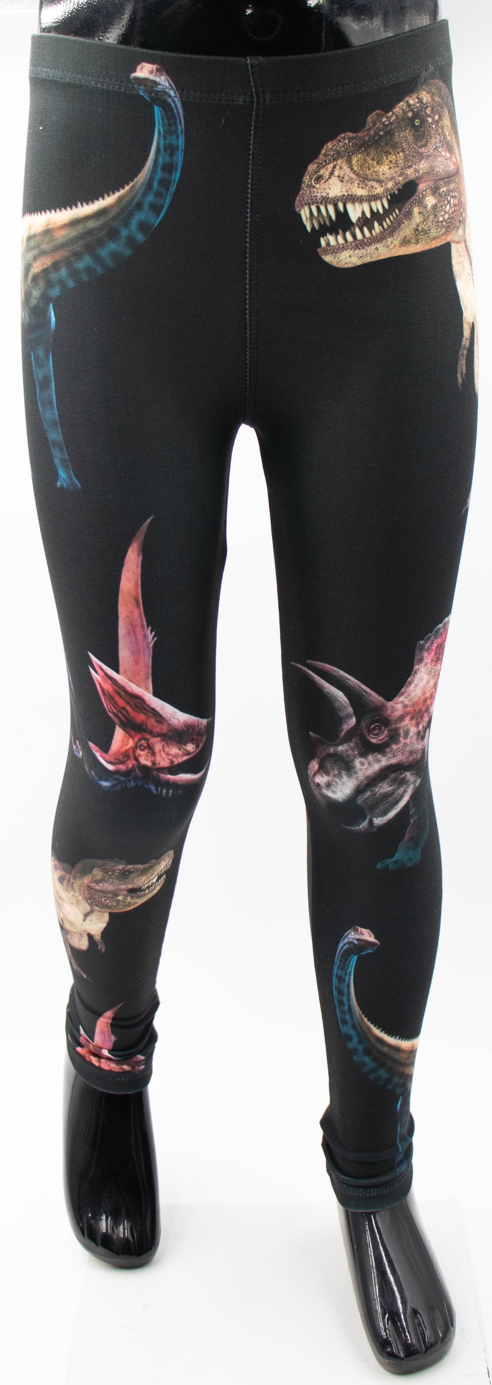 Denimaxx kids dinosaur print leggings with T-Rex, pterodactyl, and triceratops artwork on black fabric, shown on a mannequin.