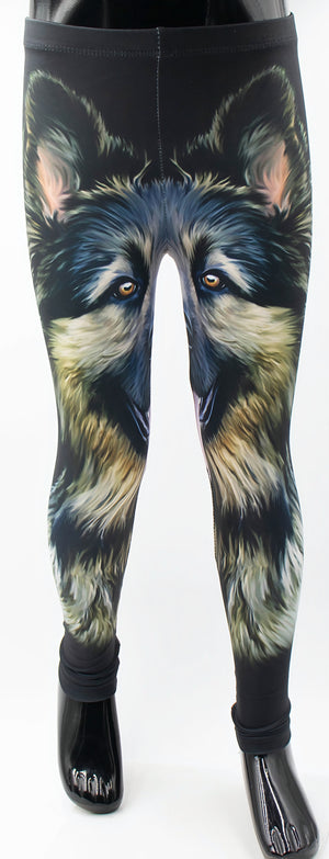Kids German Shepherd portrait print leggings with a large shepherd face across the legs, shown on a mannequin.