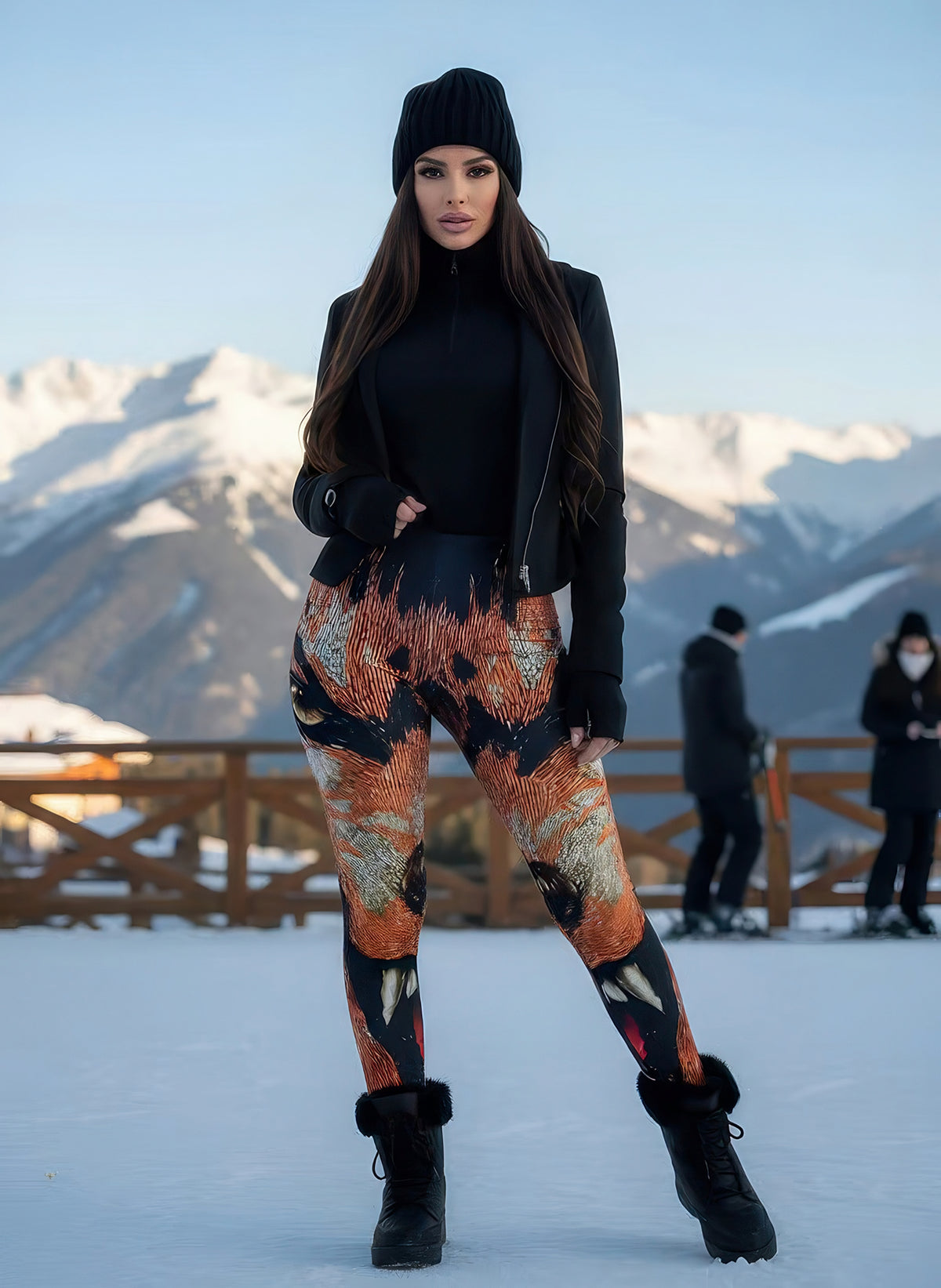 Woman in a black beanie and jacket wearing Jasper Fox print leggings with an orange fox face design, standing on a snowy terrace.