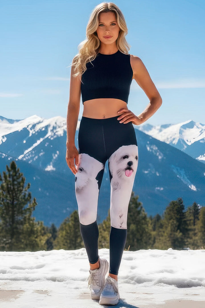 Denimaxx Women’s Maltese Print leggings with adjustable high-rise waistband and buttery-soft stretch