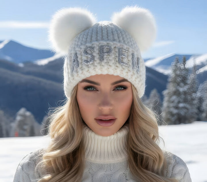 Crystal Knit Beanie With Fox Pom for Women