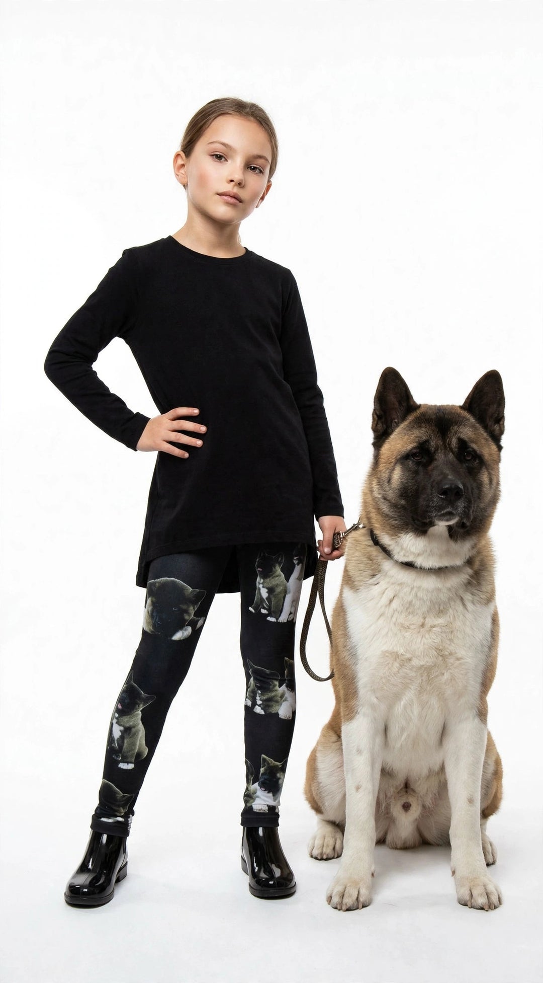 Young girl standing beside a real Akita on a leash, wearing Denimaxx kids Akita print graphic leggings and a black top.