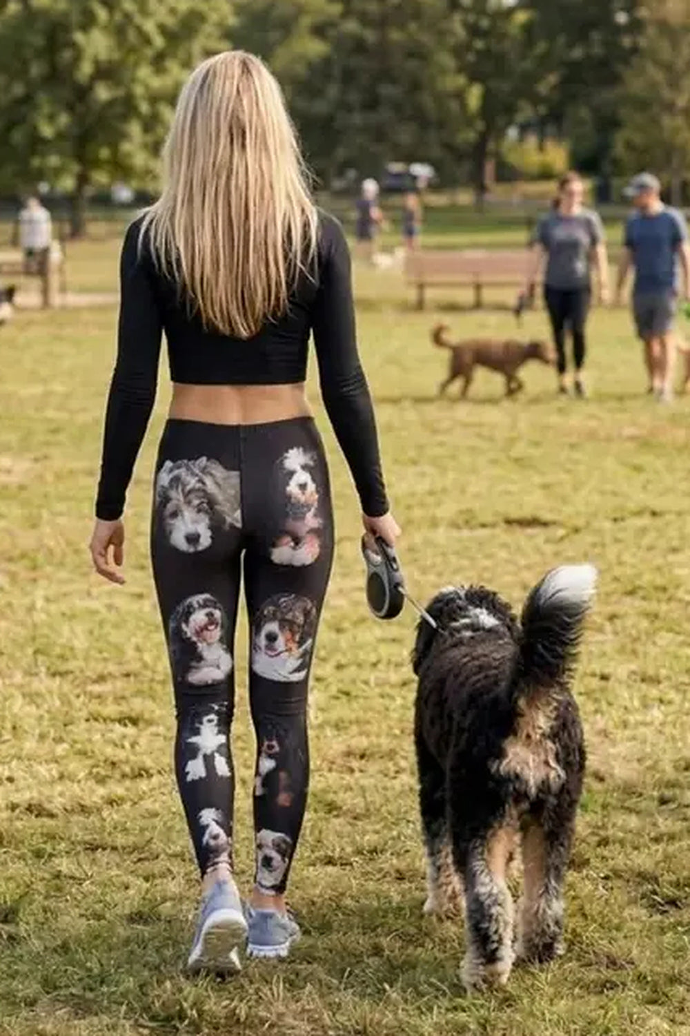 Back view of a woman walking a tri-color Bernedoodle in a park in black Bernedoodle print leggings