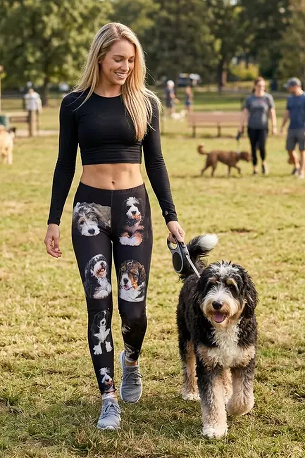 Woman in a black crop top walking a tri-color Bernedoodle in a park, wearing Bernedoodle print leggings