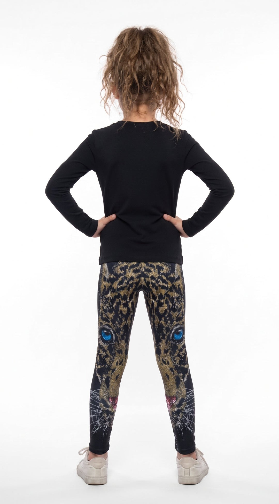 Back view of Blue-Eyed Leopard Print Girls Leggings on a girl