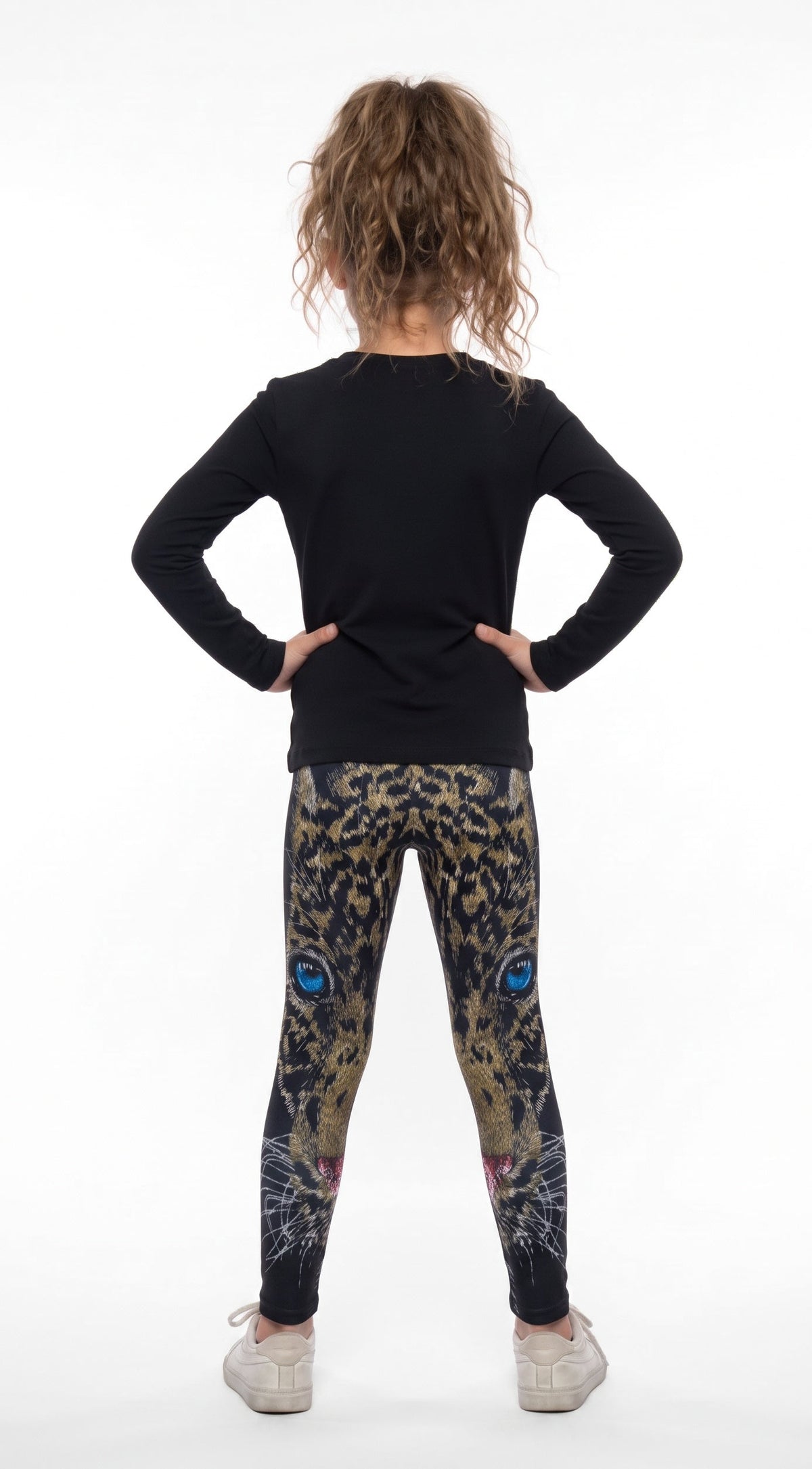 Back view of Blue-Eyed Leopard Print Girls Leggings on a girl