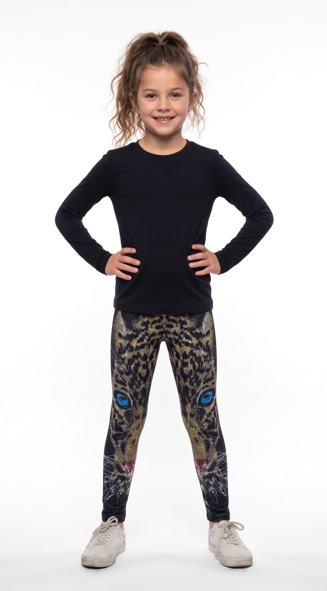 Girl wearing Blue-Eyed Leopard Print Girls Leggings, front view