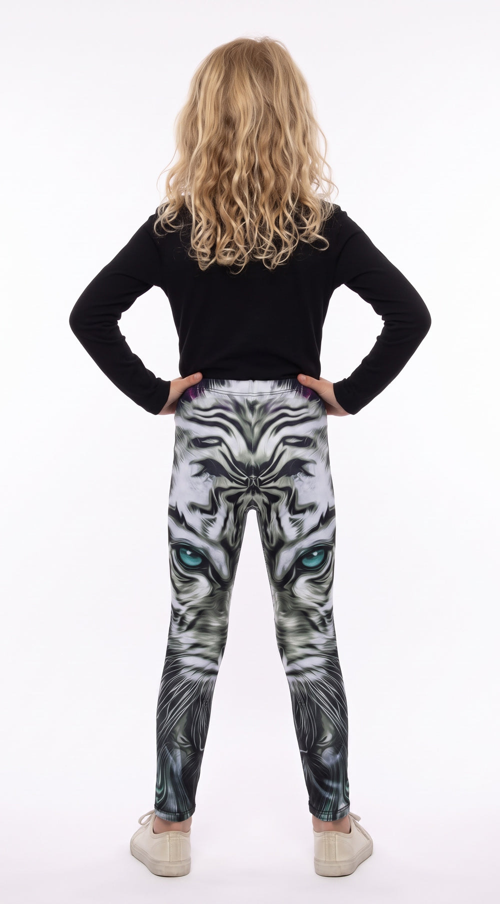 White tiger face print girls leggings with blue eyes, back view