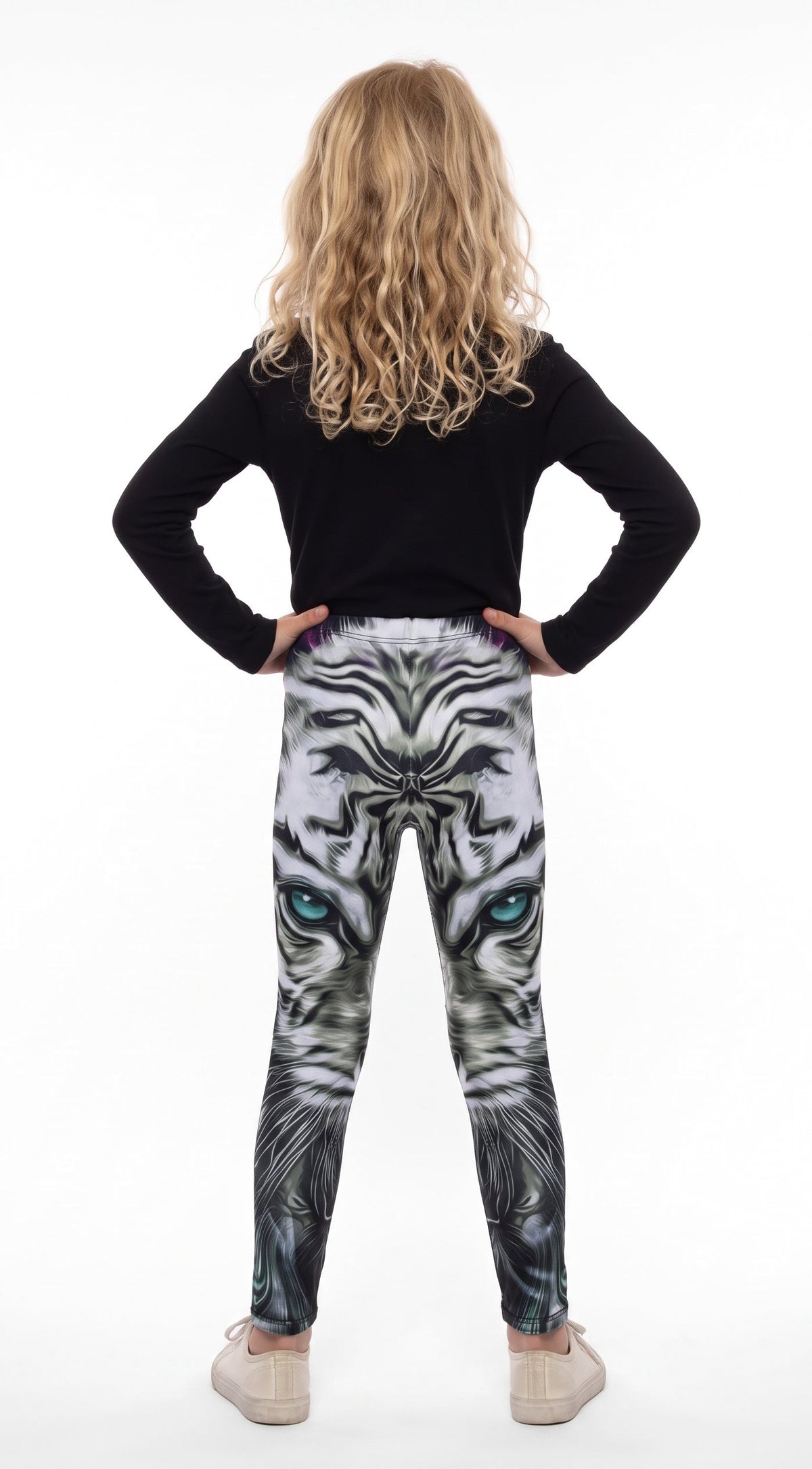 White tiger face print girls leggings with blue eyes, back view