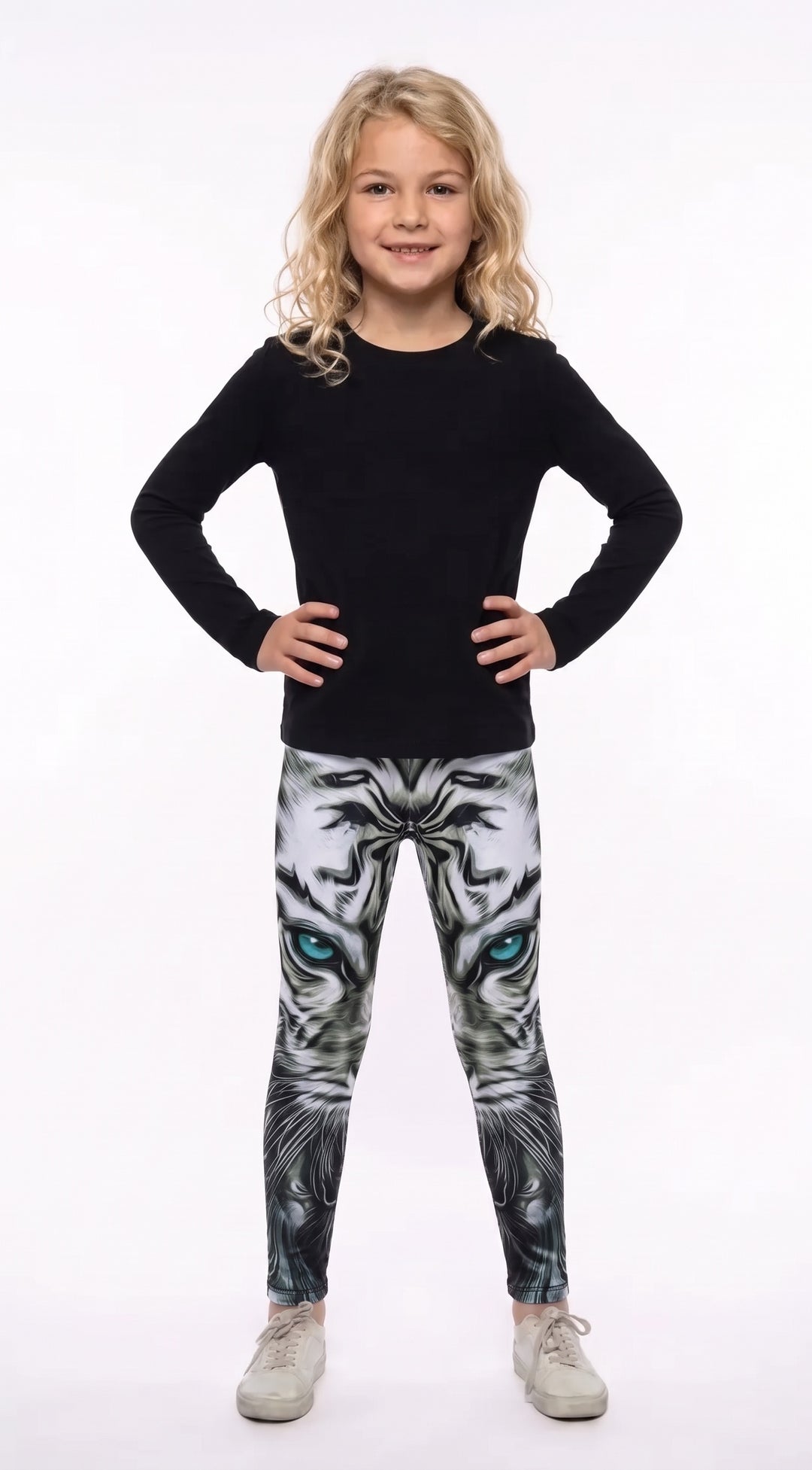 White tiger face print girls leggings with blue eyes, front view
