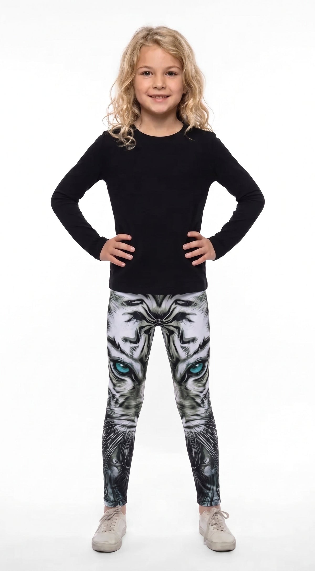White tiger face print girls leggings with blue eyes, front view
