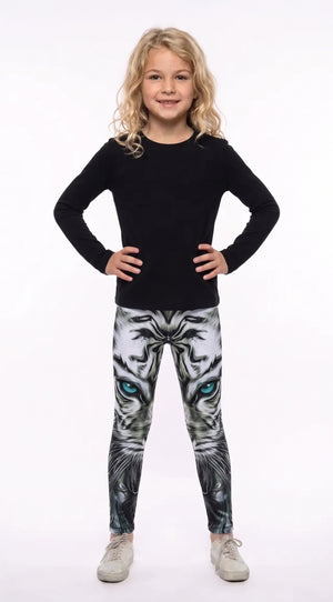 White tiger face print girls leggings with blue eyes, front view