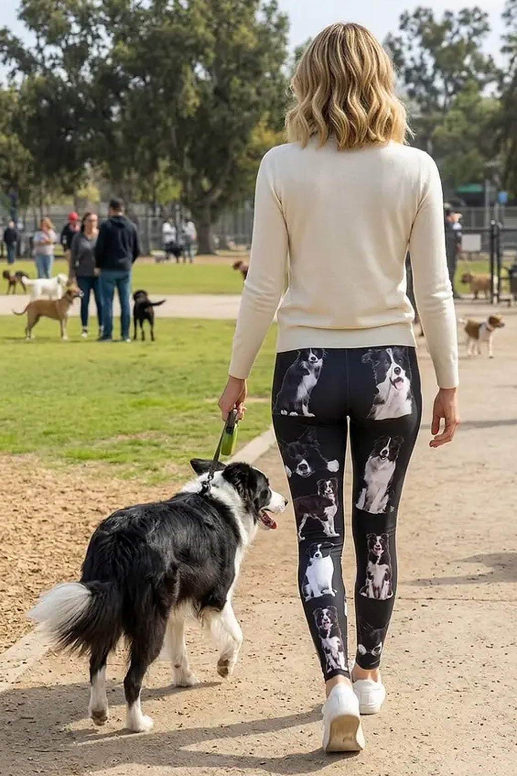 Back view of a woman in a cream sweater walking a border collie on a park path in border collie print leggings