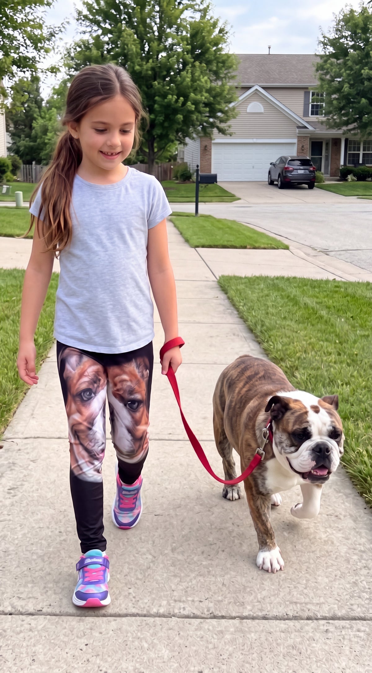 Girl walking a bulldog while wearing the Playful Bulldog Print Girls Leggings with a bulldog face print on black
