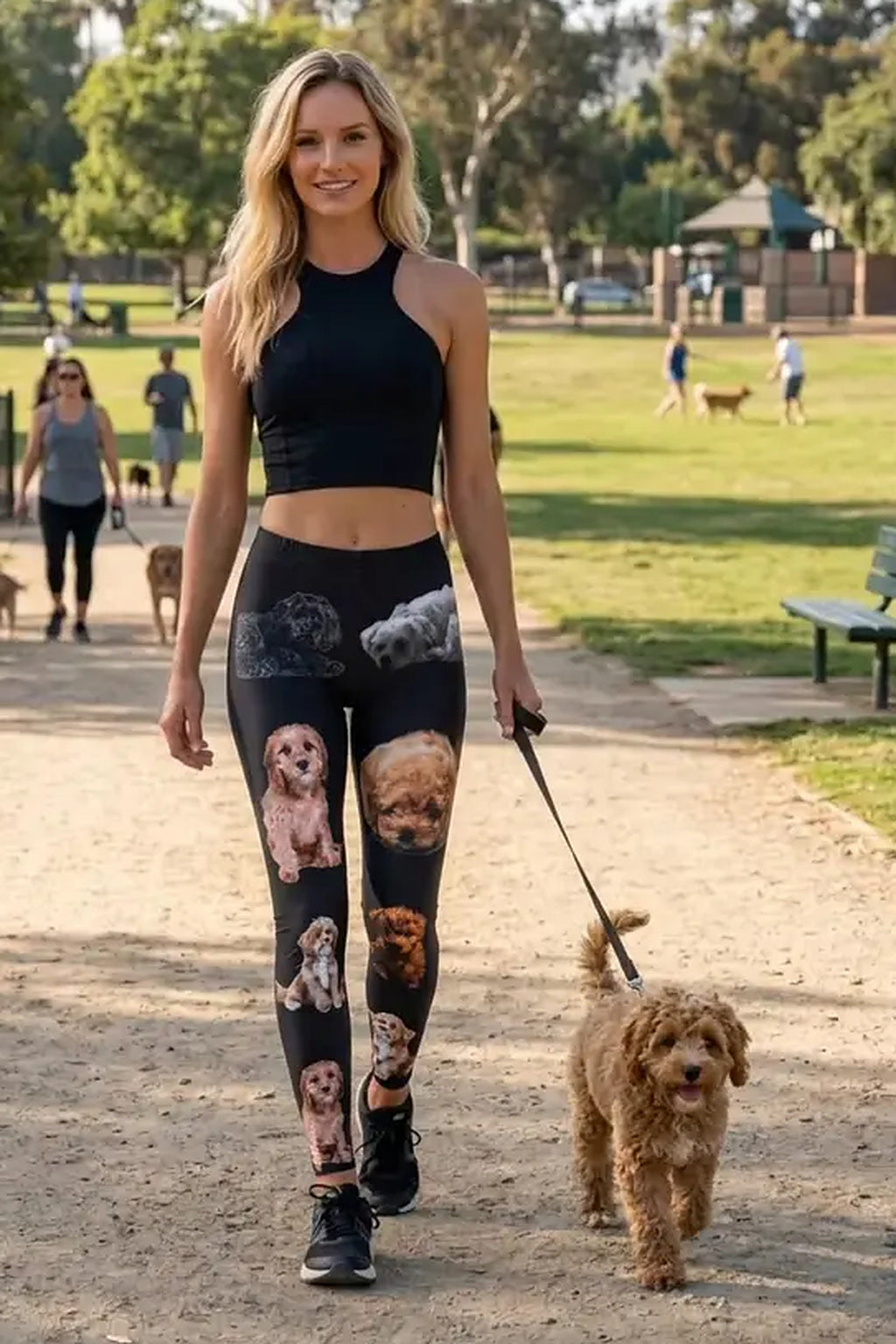 Woman walking an apricot cavapoo in a park, wearing black leggings printed with cavapoo puppies