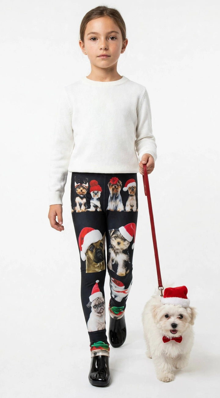 Young girl holding a leash with a small white dog in a Santa hat, wearing Denimaxx kids Christmas dogs print leggings and a white sweater.