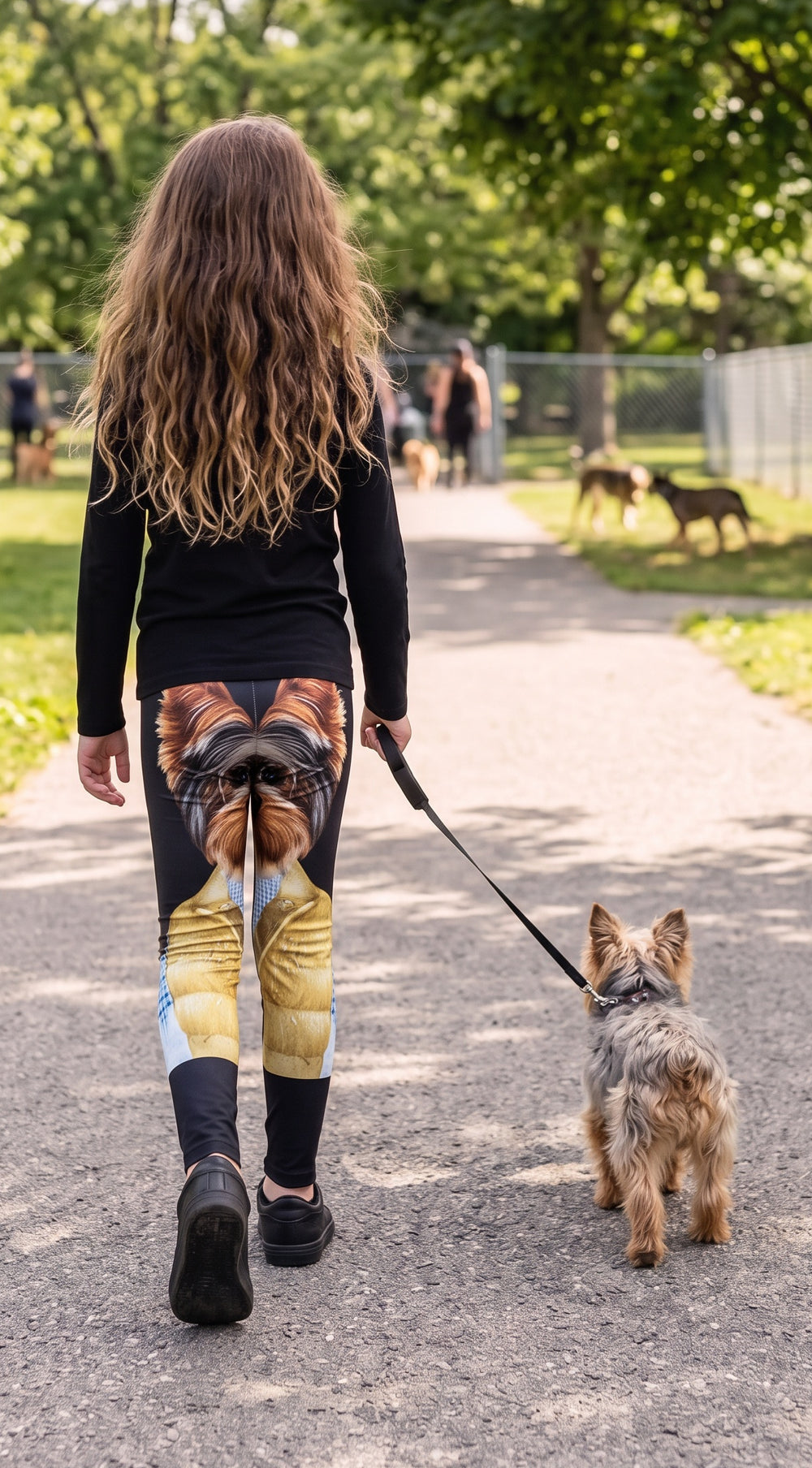 Back view of Close-Up Yorkshire Terrier Print Girls Leggings on a girl walking a Yorkshire Terrier