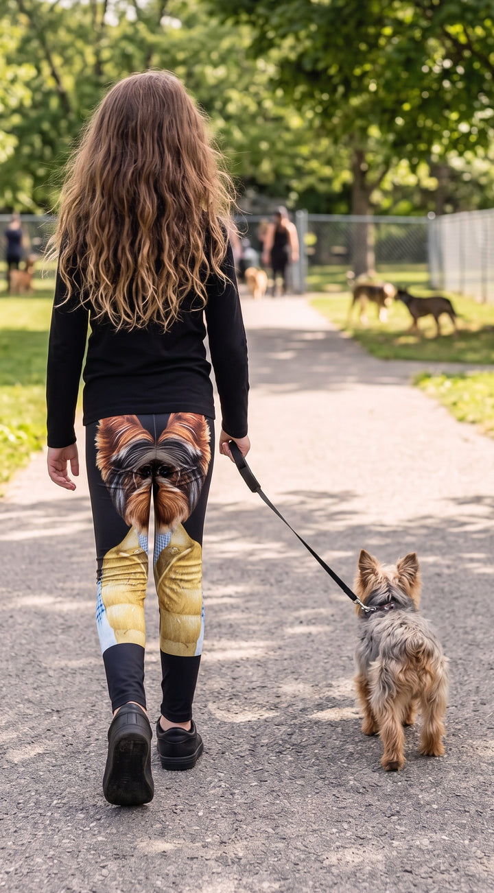 Back view of Close-Up Yorkshire Terrier Print Girls Leggings on a girl walking a Yorkshire Terrier