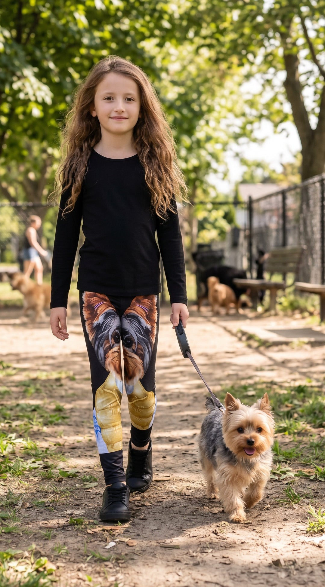 Girl wearing Close-Up Yorkshire Terrier Print Girls Leggings walking a Yorkshire Terrier, front view