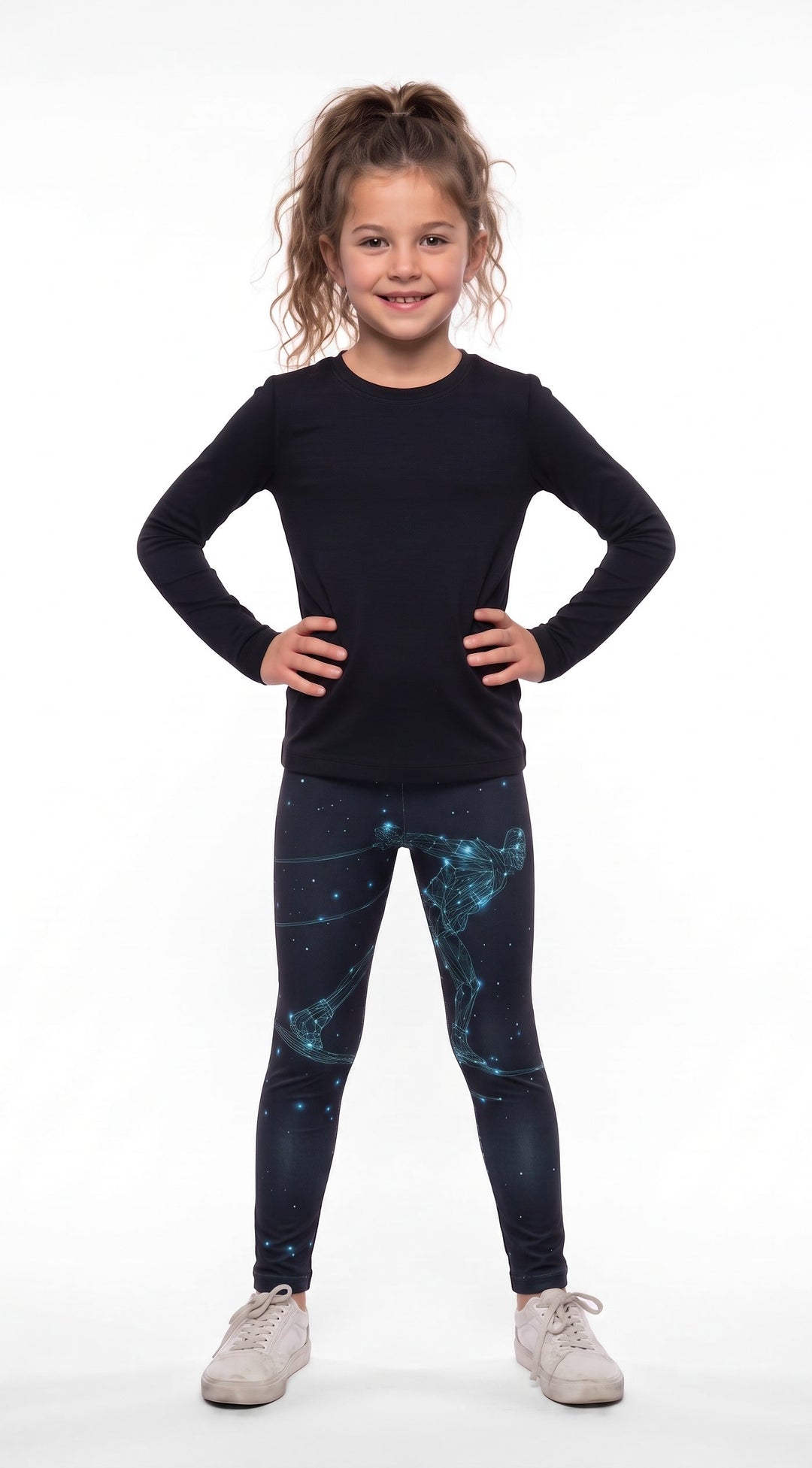 Constellations print girls leggings, navy starry night with glowing teal constellation skier, front view