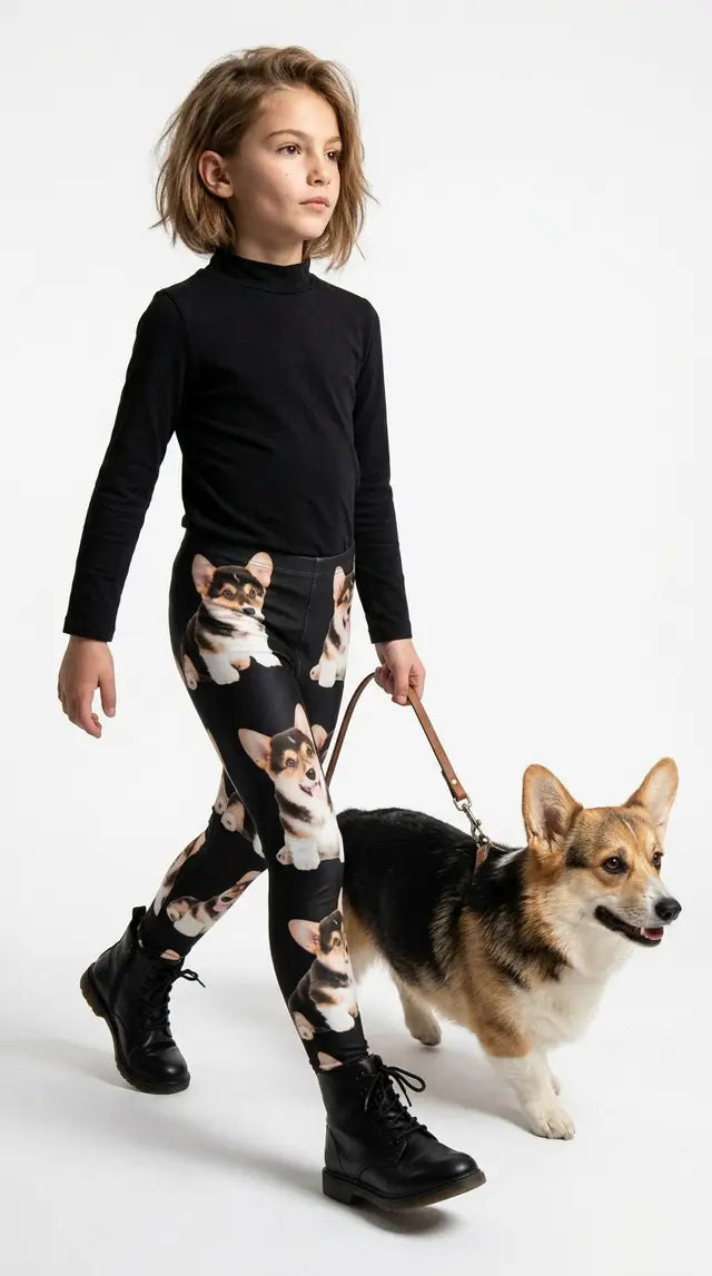 Smiling girl in a black t-shirt and white sneakers holding a Corgi, wearing black kids leggings with an all-over Corgi print on a white background