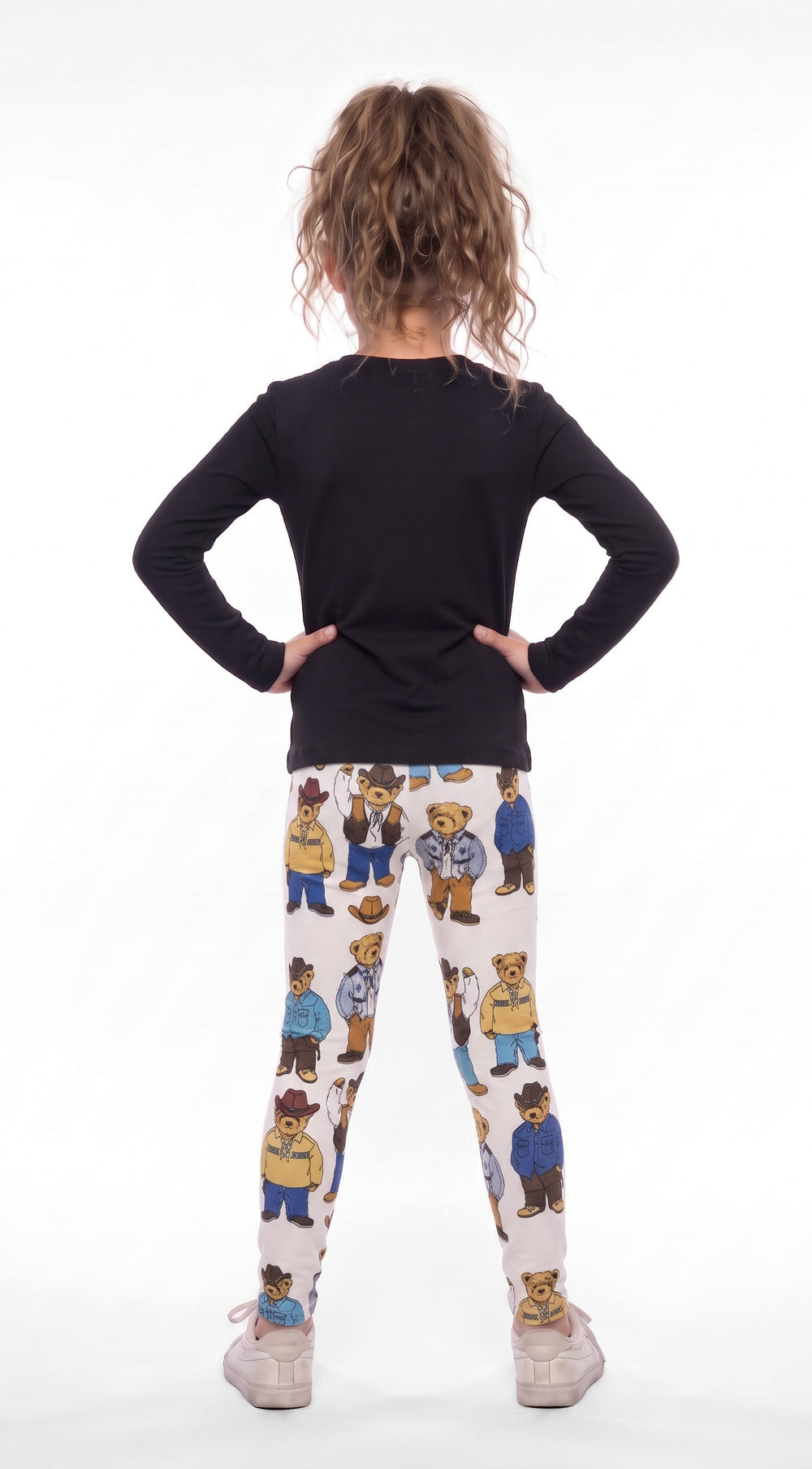 Cowboy teddy bear print kids leggings, allover cowboy bears on cream, back view