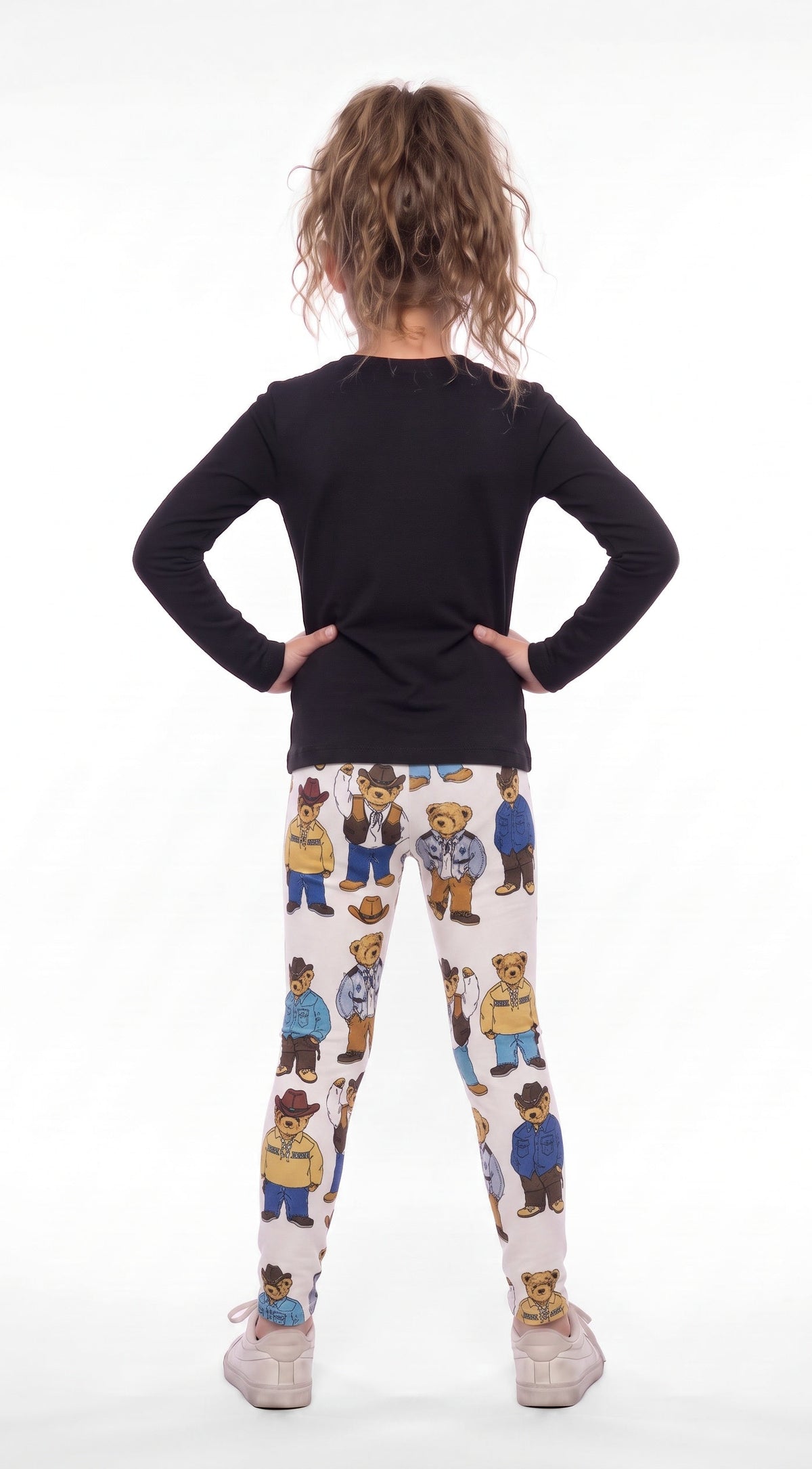 Cowboy teddy bear print kids leggings, allover cowboy bears on cream, back view