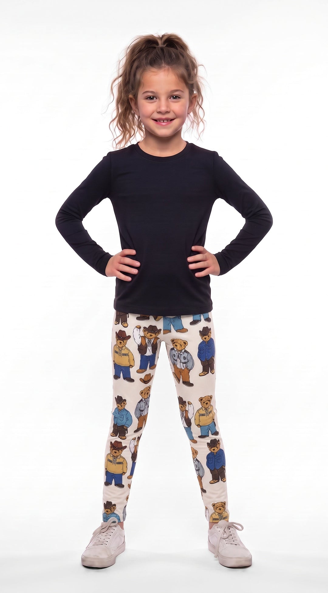 Cowboy teddy bear print kids leggings, allover bears in cowboy hats, shirts and jeans on cream, front view