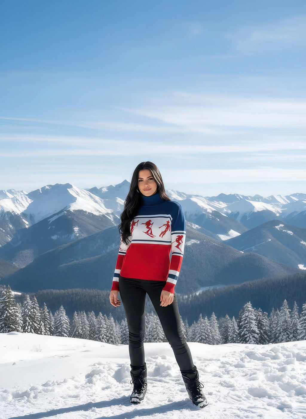 Full-length view of woman in snow boots wearing the red, white, and blue Cowgirl Skiers turtleneck sweater with red skier intarsia.