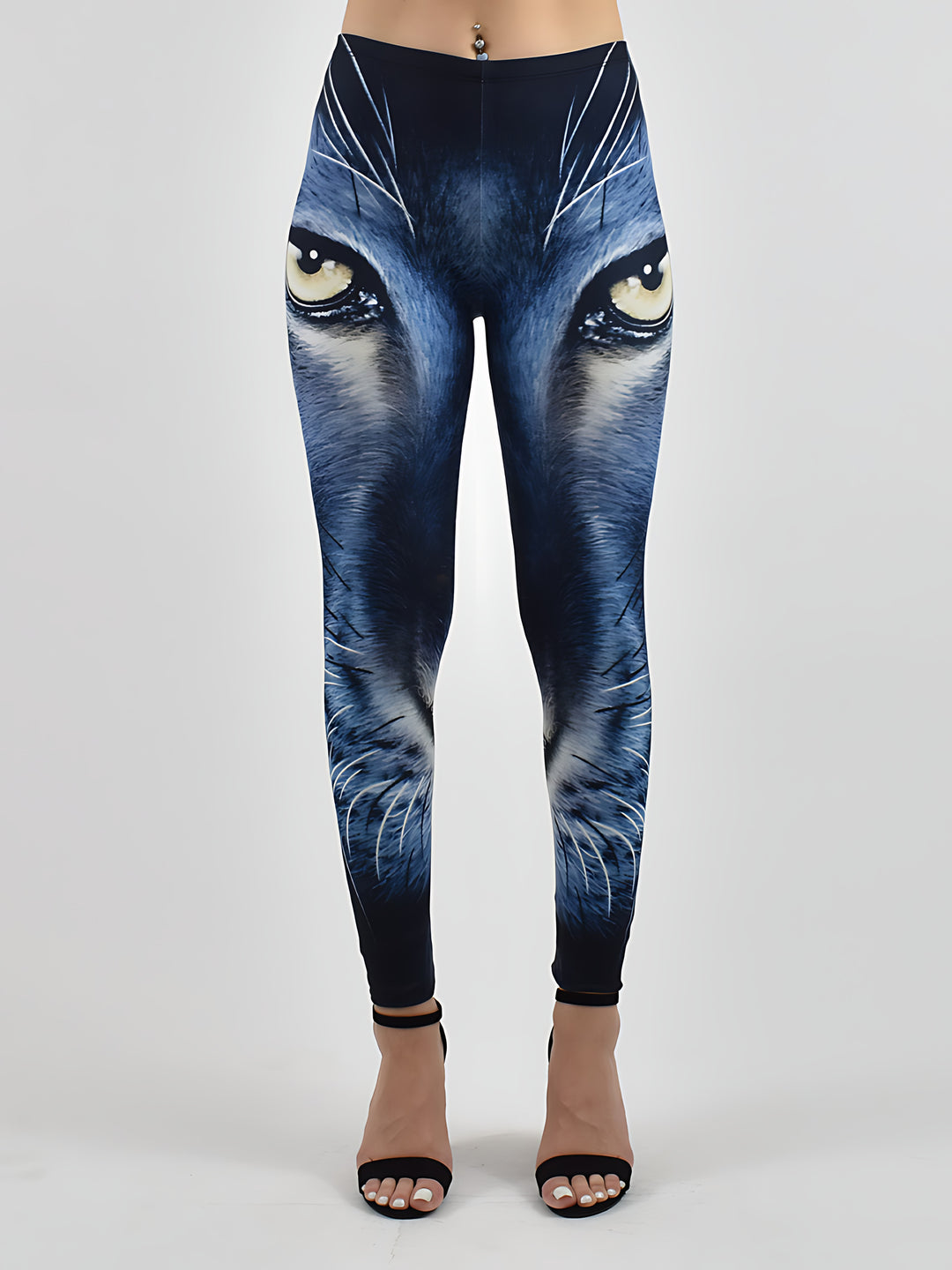 Black Panther print leggings with a bold panther face design, shown on a model against a white studio background.